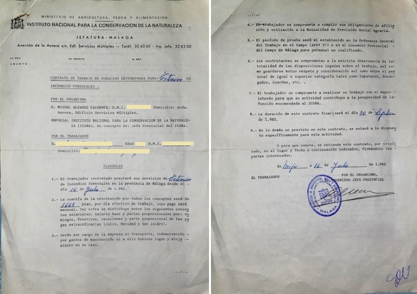 Contrato de trabajo de duración determinada para extinción de incendios forestales en la provincia de Málaga de ICONA (Mijas, 1982).