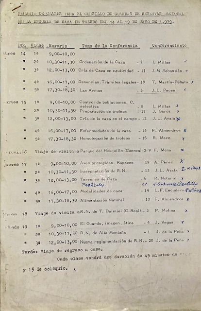 Horario de clases del curso de Guardas de Reservas Nacionales de Caza de la Escuela de Caza de Toledo (1979).