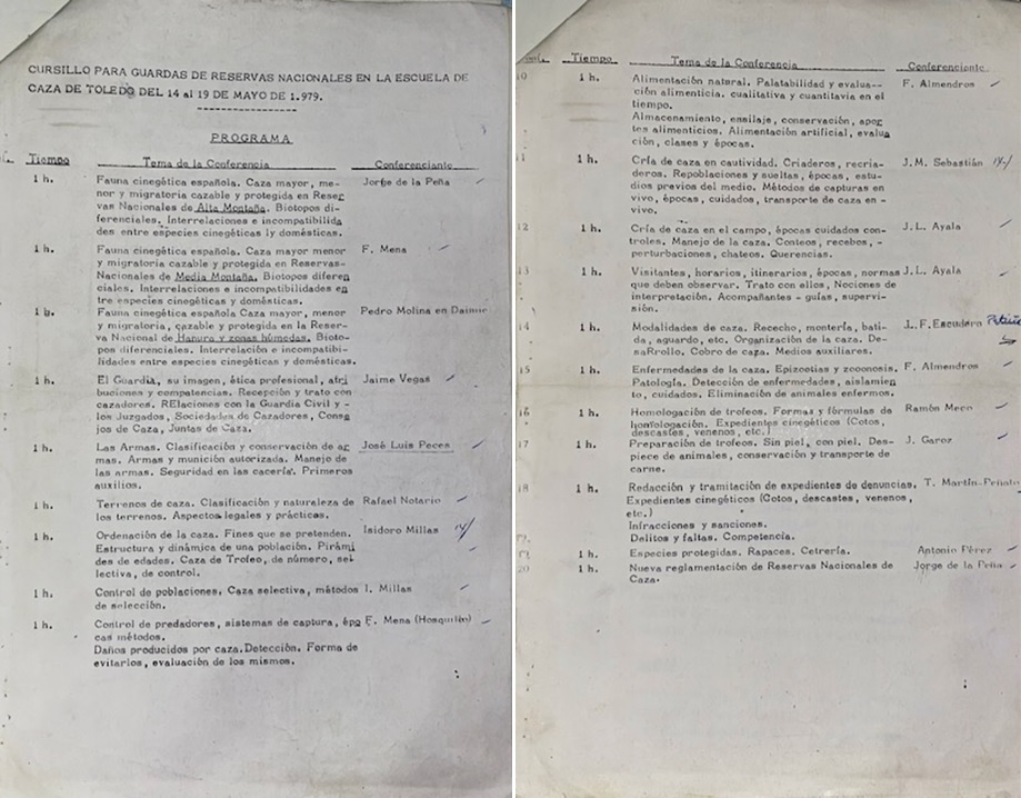Programa del Curso de Guardas de Reservas Nacionales de Caza de la Escuela de Caza de Toledo (1979).