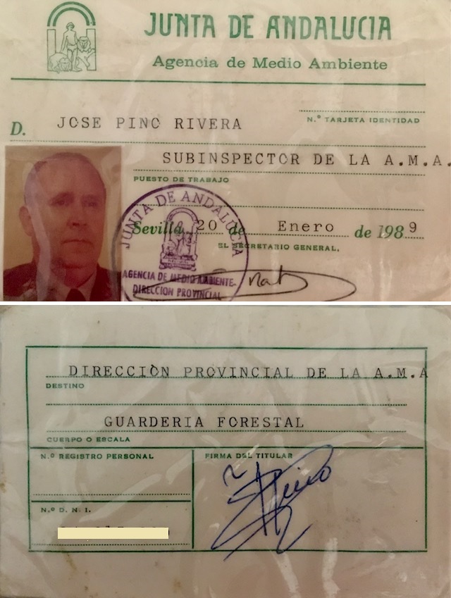 Tarjeta de identidad de Subinspector de la Agencia de Medio Ambiente en Málaga de José Pino Rivera (1989).