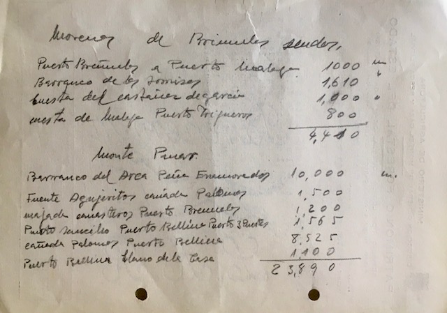 Texto manuscrito en el que figuran anotados los senderos y caminos de los montes de Yunquera en mayo de 1972.