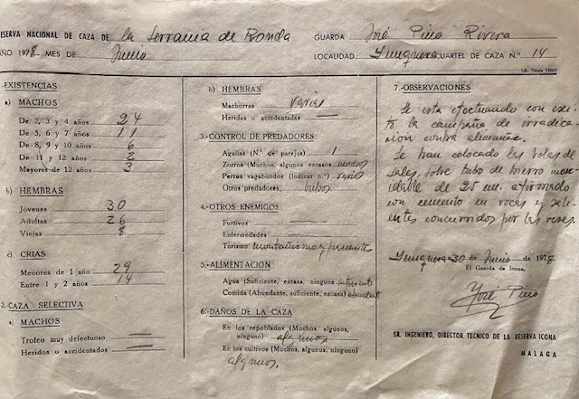 Parte de seguimiento del mes de junio de 1978 del cuartel de caza nº 14 de la RNC de la Serranía de Ronda.