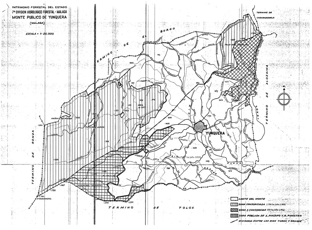 Plano de 1960 del monte público de Yunquera (Málaga) a escala 1:25.000.