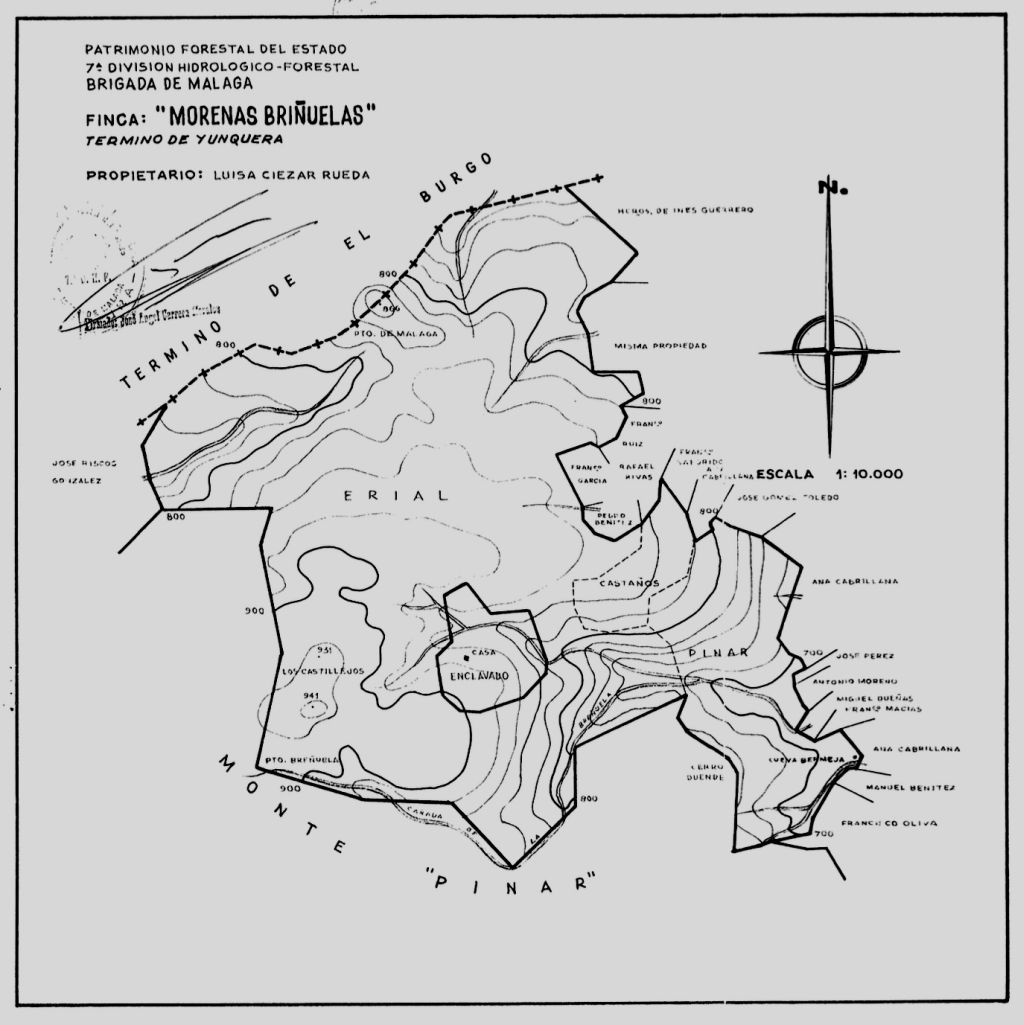 Plano de 1964 de la finca 'Morenas Briñuelas', en el T.M. de Yunquera (Málaga), a escala 1:10.000.