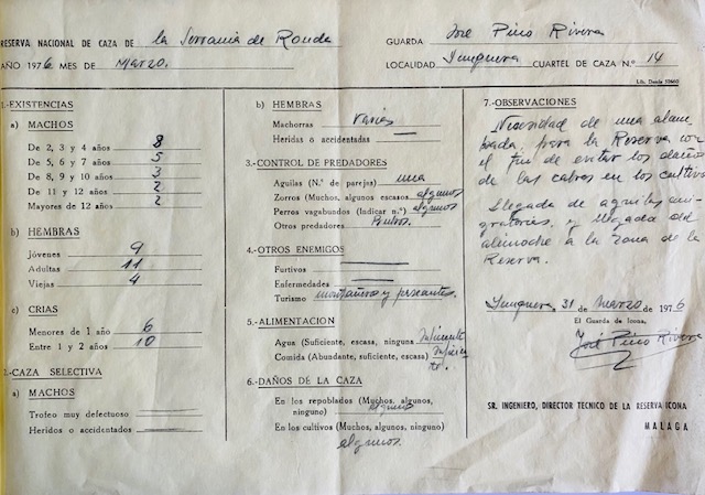 Parte de seguimiento del mes de marzo de 1976 del cuartel de caza nº 14 de la RNC de la Serranía de Ronda.