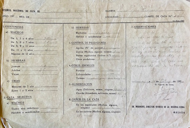 Parte de seguimiento del mes de octubre de 1981 del cuartel de caza nº 14 de la RNC de la Serranía de Ronda.