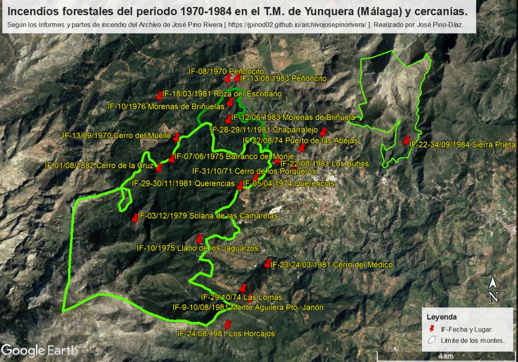 Incendios forestales del periodo 1970-1984 en los montes de Yunquera (Málaga) y cercanías.