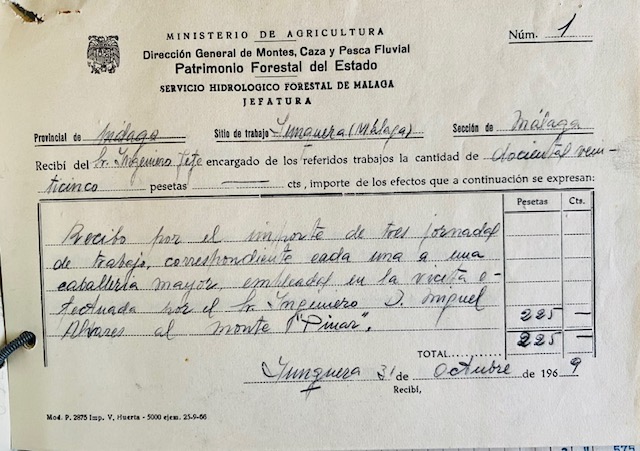Recibo por el importe de tres jornadas de caballería en la visita del ingeniero al monte Pinar de Yunquera.