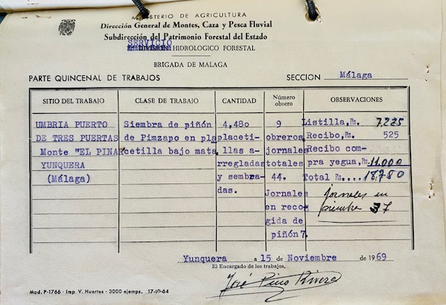 Parte quincenal de 15/11/1969 de trabajos de siembra de piñón de pinsapo en el monte Pinar de Yunquera.