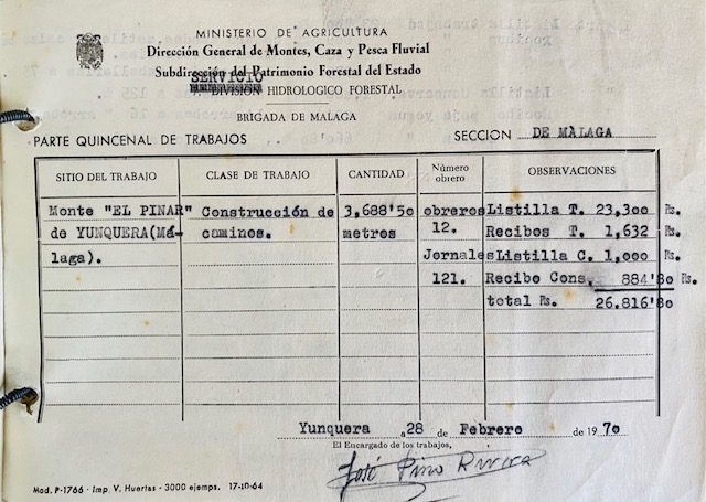Parte quincenal de 28/02/1970 de trabajos de construcción de caminos de herradura en el monte Pinar de Yunquera.
