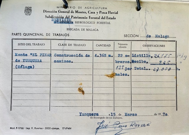 Parte quincenal de 15/03/1970 de trabajos de construcción de caminos de herradura en el monte Pinar de Yunquera.