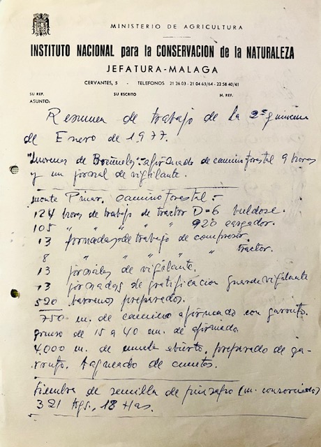 Hoja manuscrita con el resumen del 16-31/01/1977 en los montes de Yunquera. Hoja uno de cuatro.