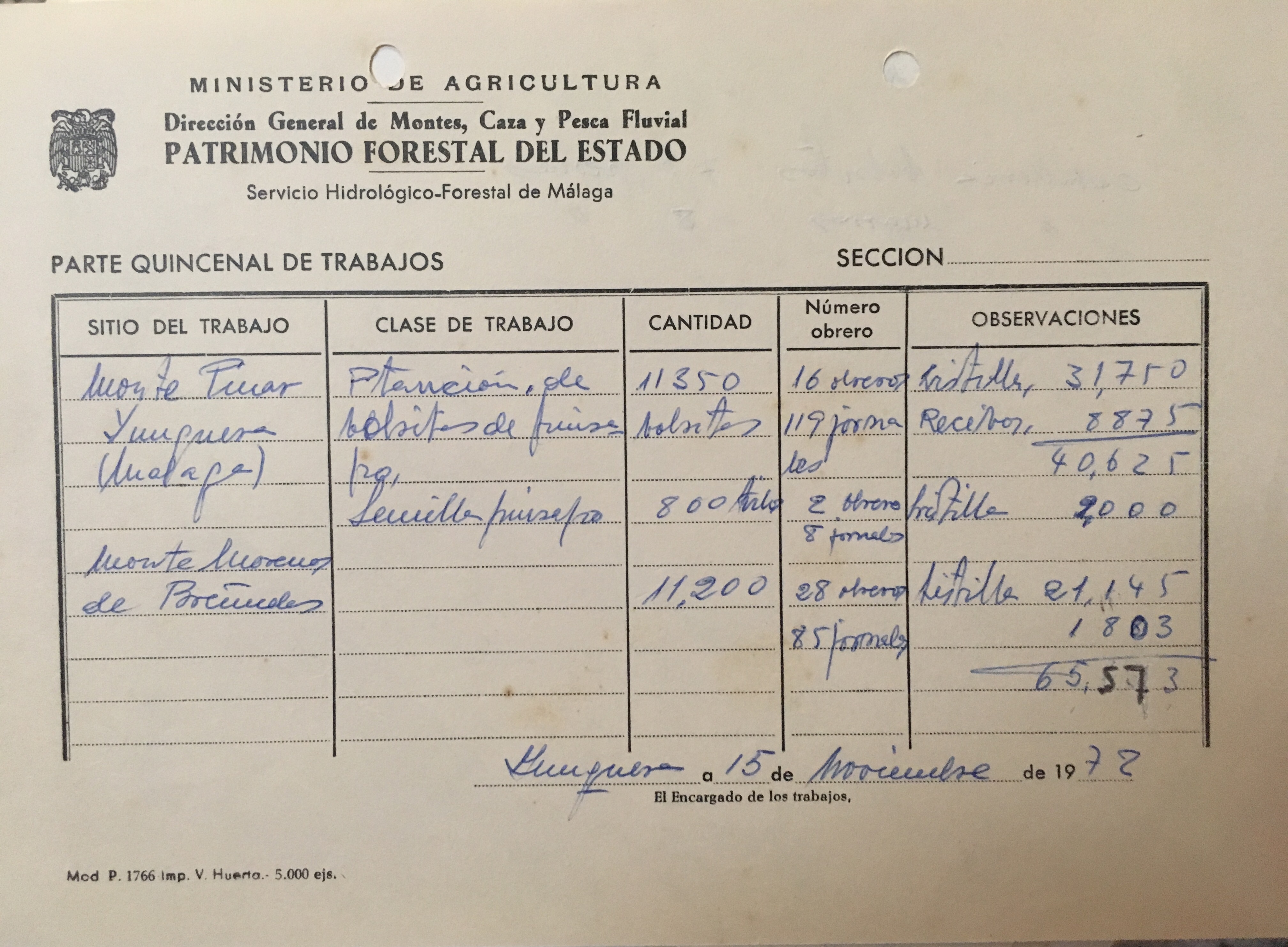 Parte quincenal de trabajos de 15/11/1972 en los montes del T.M. de Yunquera.