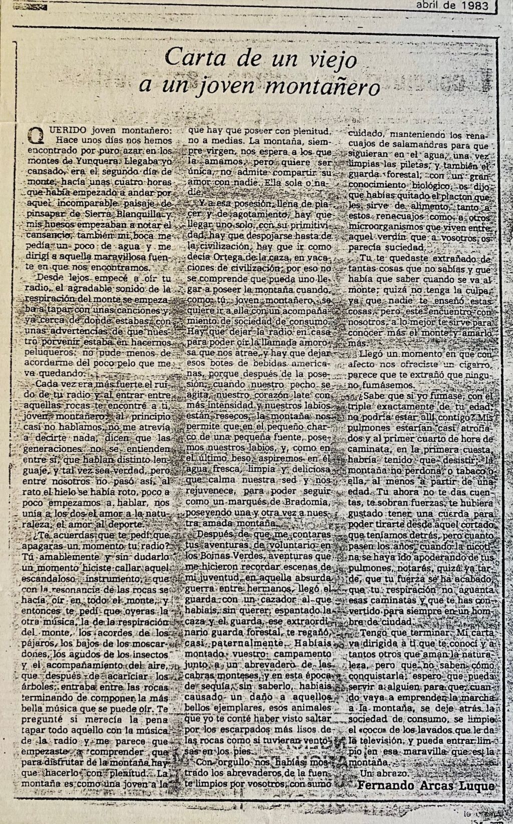 'Carta de un viejo a un joven montañero', Fernando Arcas Luque (1983).