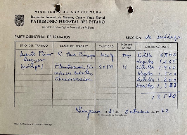 Parte quincenal de trabajos de 31/10/1972 en el monte Pinar de Yunquera.