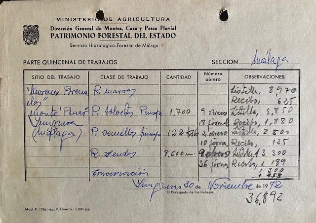 Parte quincenal de trabajos de 30/11/1972 en los montes del T.M. de Yunquera.