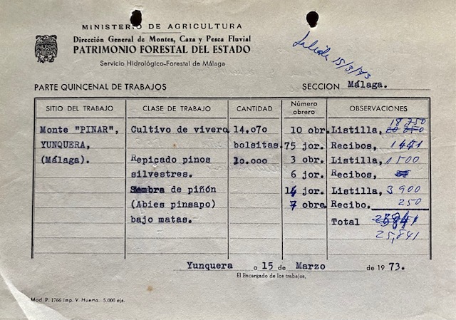Parte quincenal de trabajos de 15/03/1973 en el monte Pinar de Yunquera.