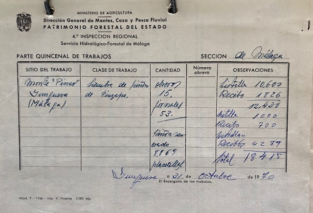 Parte quincenal de trabajos de 31/10/1970 en el monte Pinar de Yunquera.