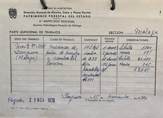 Parte quincenal de trabajos de 15/11/1970 en el monte Pinar de Yunquera.