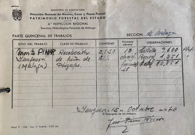 Parte quincenal de trabajos de 15/10/1970 en el monte Pinar de Yunquera.