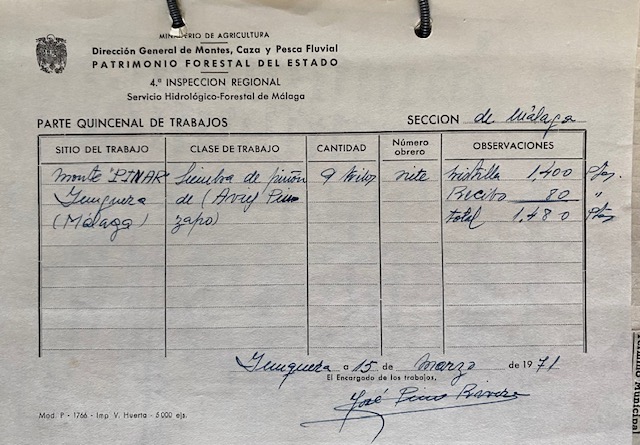 Parte quincenal de trabajos de 15/03/1971 en el monte Pinar de Yunquera (Málaga).