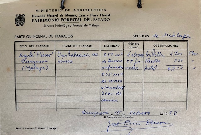 Parte quincenal de trabajos de 15/02/1972 en el monte Pinar de Yunquera (Málaga).