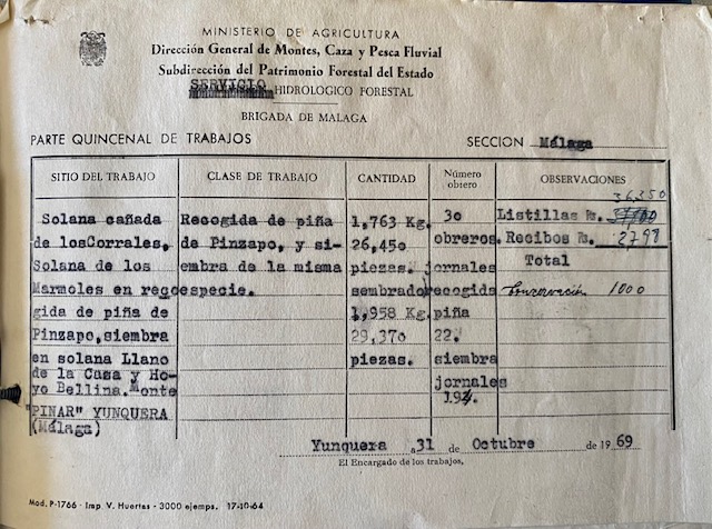 Parte quincenal de trabajos de 31/10/1969 en el monte Pinar de Yunquera (Málaga).