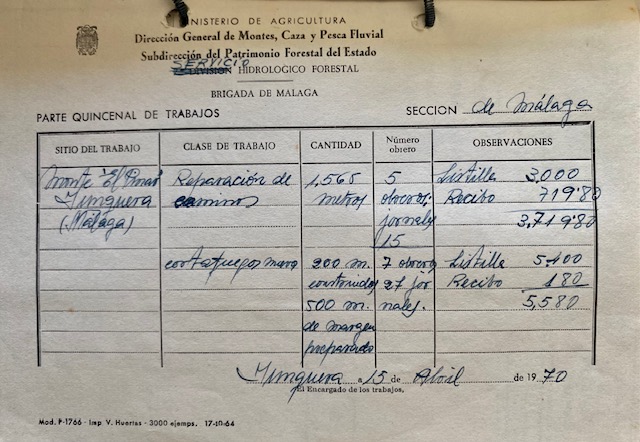 Parte quincenal de trabajos de 15/04/1970 en el monte Pinar de Yunquera (Málaga).