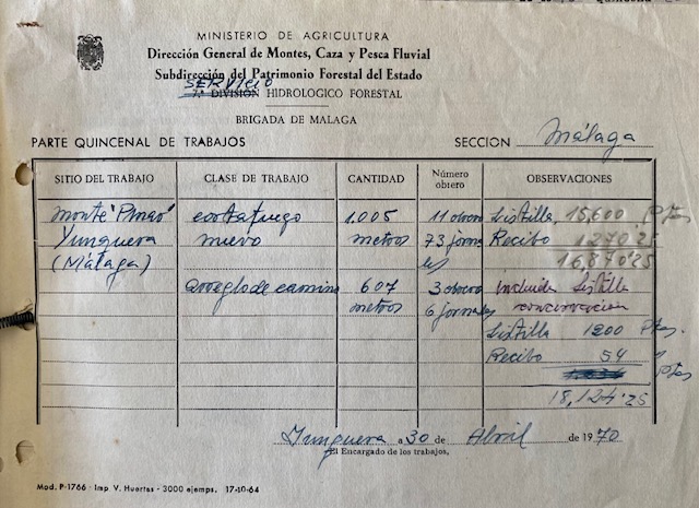 Parte quincenal de trabajos de 30/04/1970 en el monte Pinar de Yunquera (Málaga).