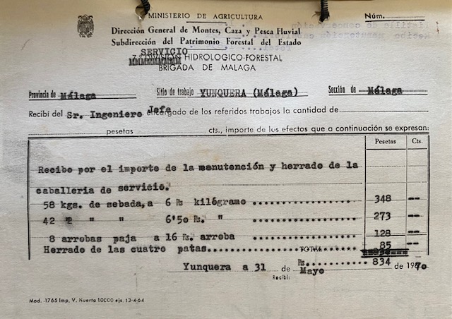 Recibo de 31/05/1970 por el importe de los gastos de la caballería del servicio.