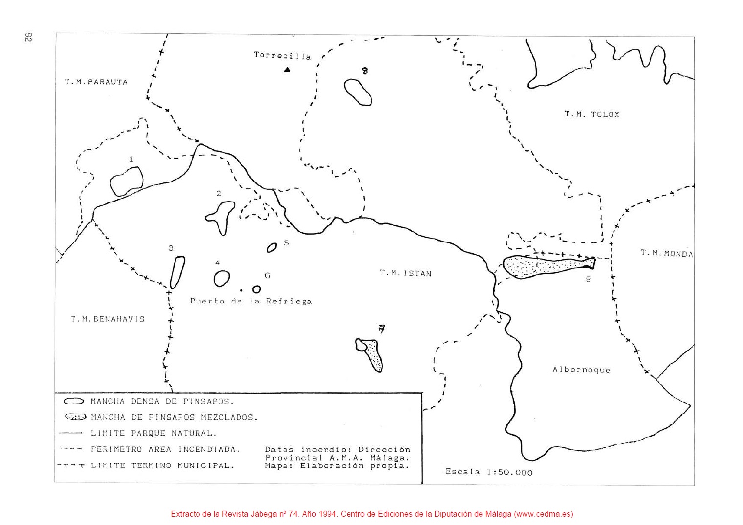 Mapa de los bosquetes de pinsapo afectados por el incendio forestal del 07/08/1991 de la Sierra de las Nieves.
