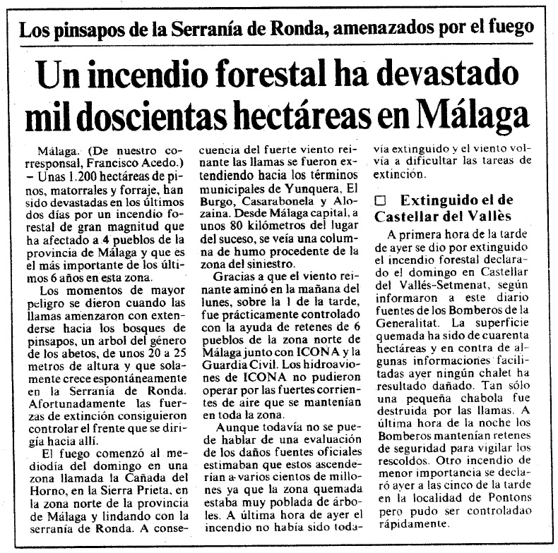 'Un incendio forestal ha devastado 1.200 ha en Málaga', noticia de 25/09/1984 del diario La Vanguardia.