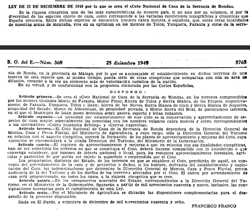 'Ley de 23 de diciembre de 1948 que crea el Coto Nacional de Caza de la Serranía de Ronda, BOE núm 360, de 25/12/1948.