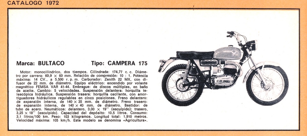 Imagen del catálogo Bultaco de 1972, motocicleta tipo Campera 1975, modelo Agricultura.