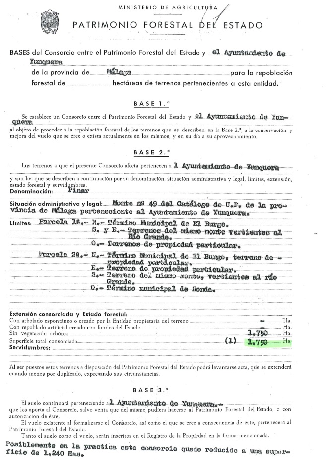 Consorcio del monte Pinar entre el Patrimonio Forestal del Estado y el Ayuntamiento de Yunquera de 15/10/1959.