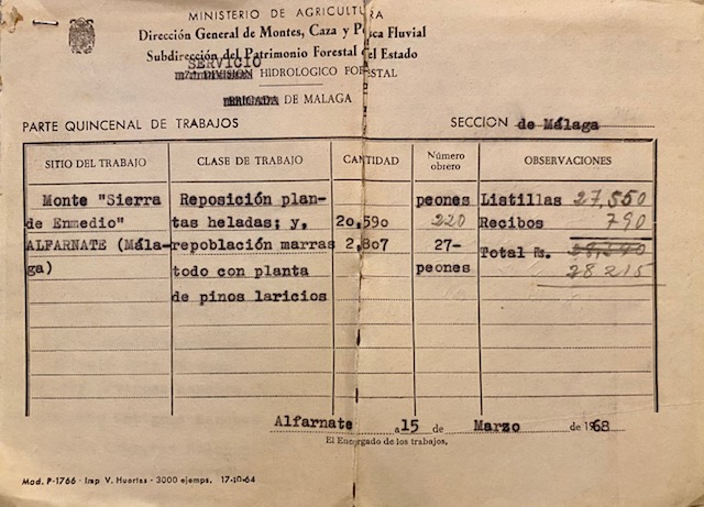 Parte quincenal de trabajos de 15/03/1968 en el monte Sierra de Enmedio de Alfarnate (Málaga).
