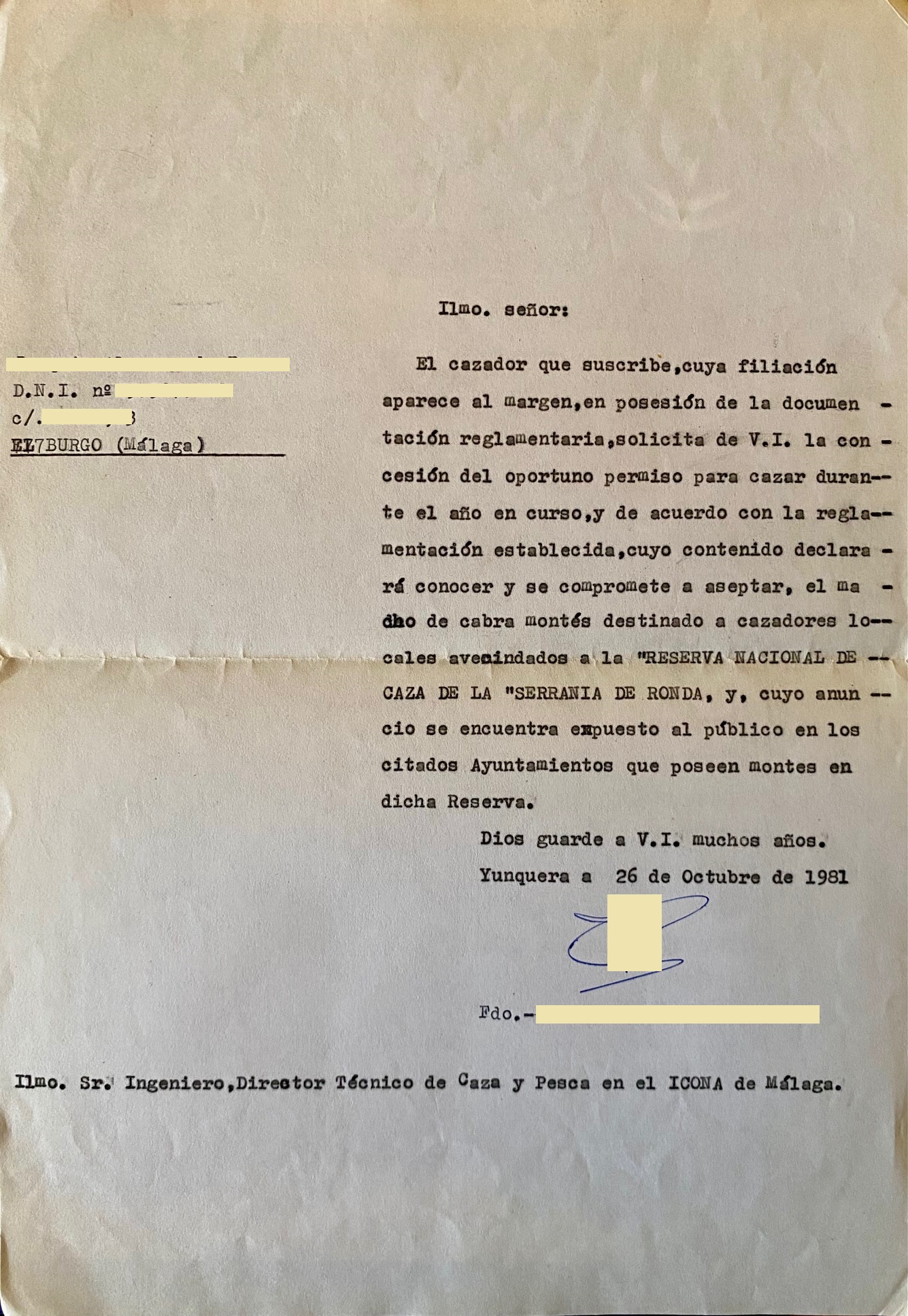 Solicitud de un cazador local de permiso de caza de macho de cabra montés en la Reserva Nacional de Caza.