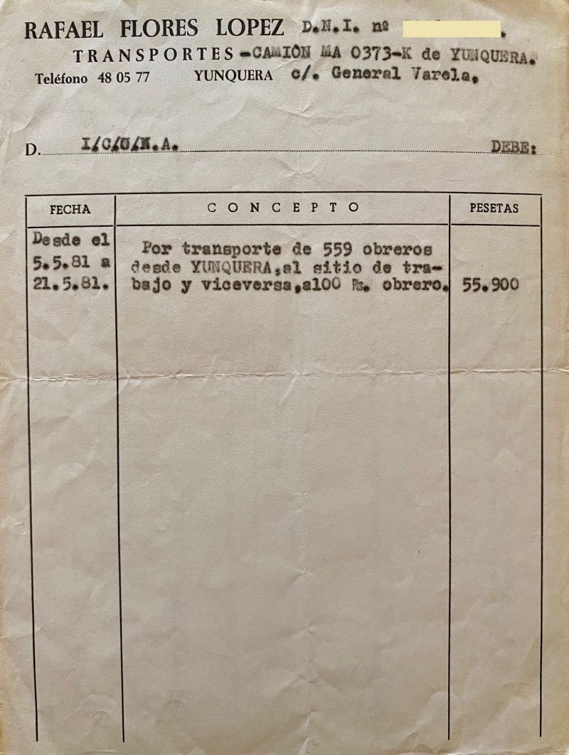 Albarán de Rafael Flores López por el transporte de 559 obreros al monte de Yunquera.