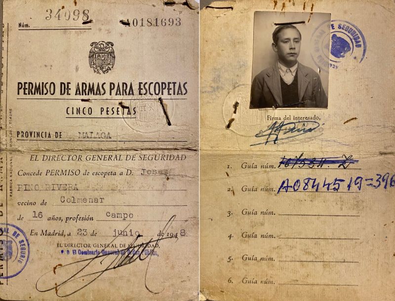 Permiso de armas para escopeta mocha de calibre 16 de José Pino Rivera, de 16 años de edad.