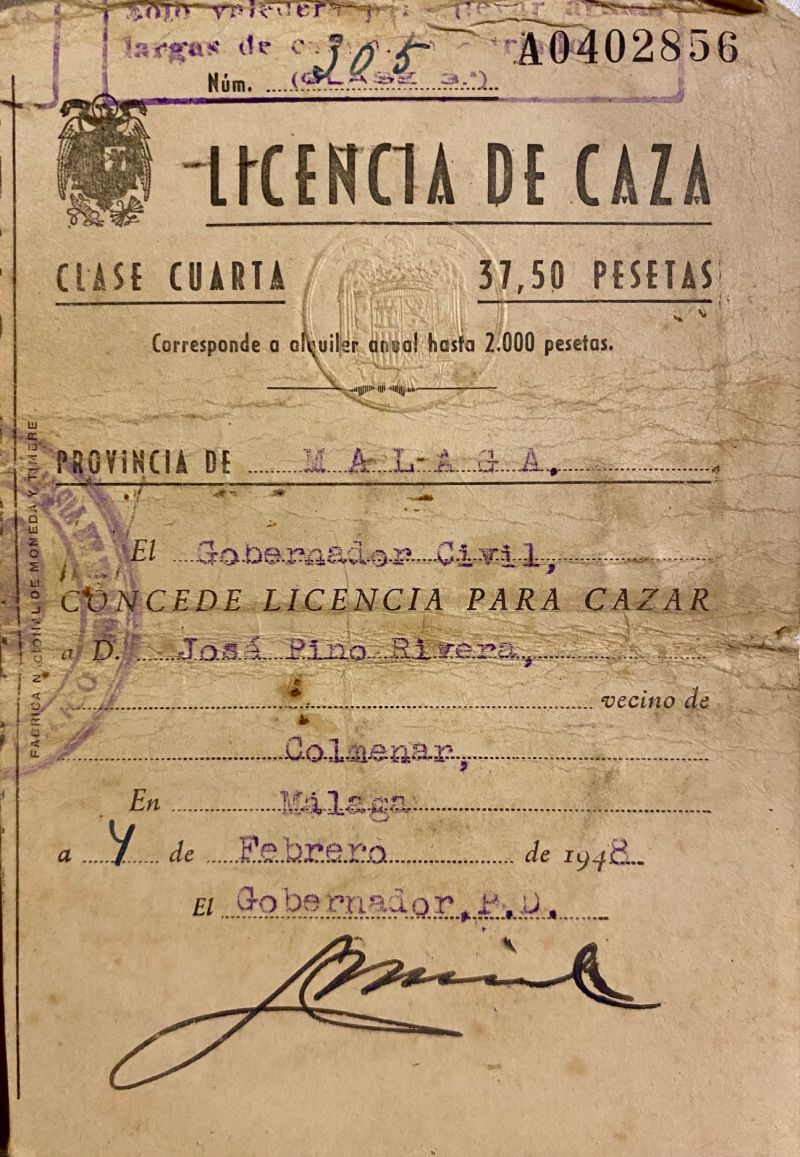 Licencia de caza clase cuarta de José Pino Rivera, de 16 años de edad.