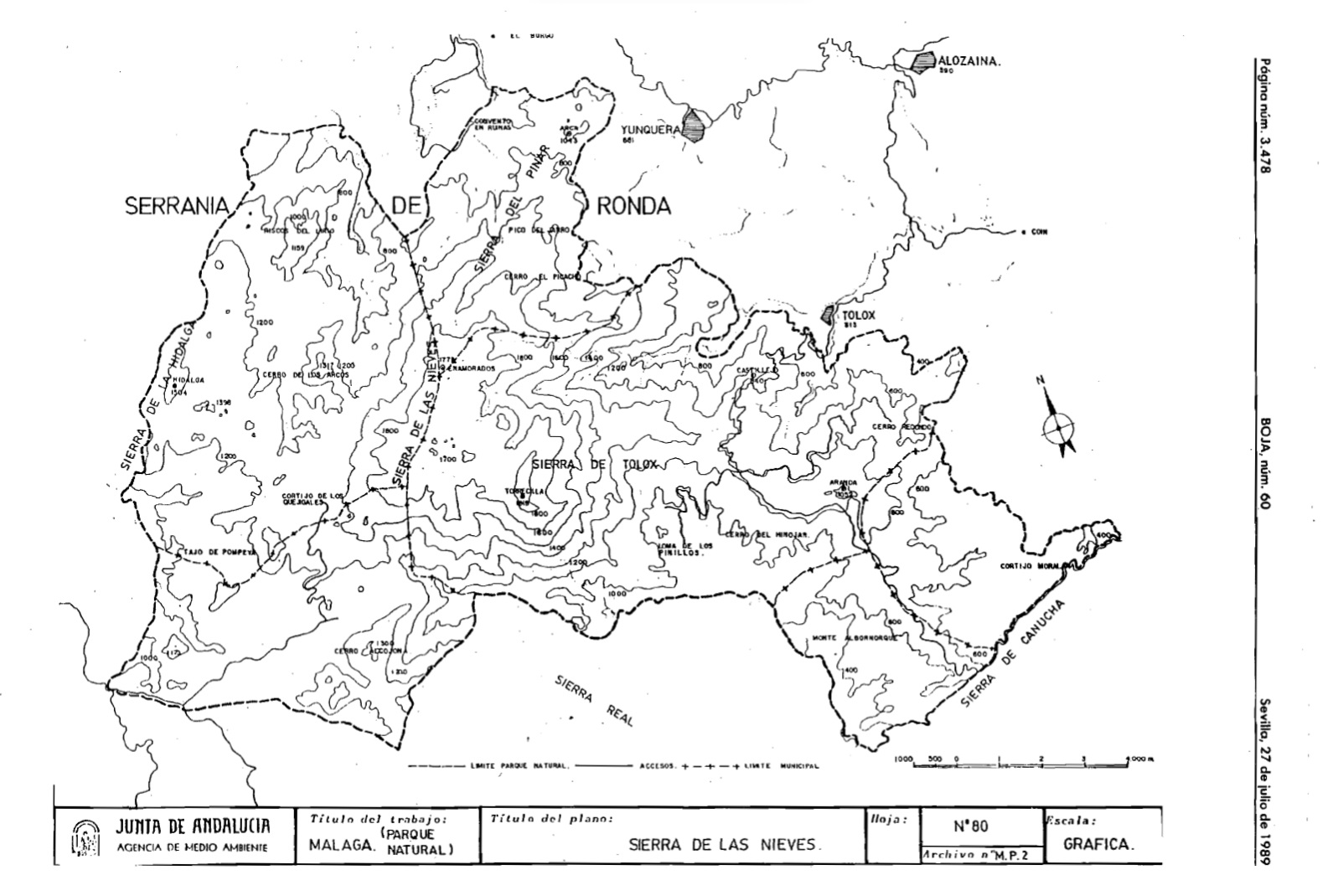 Plano del Parque Natural Sierra de las Nieves. BOJA núm. 60 de 27/07/1989.
