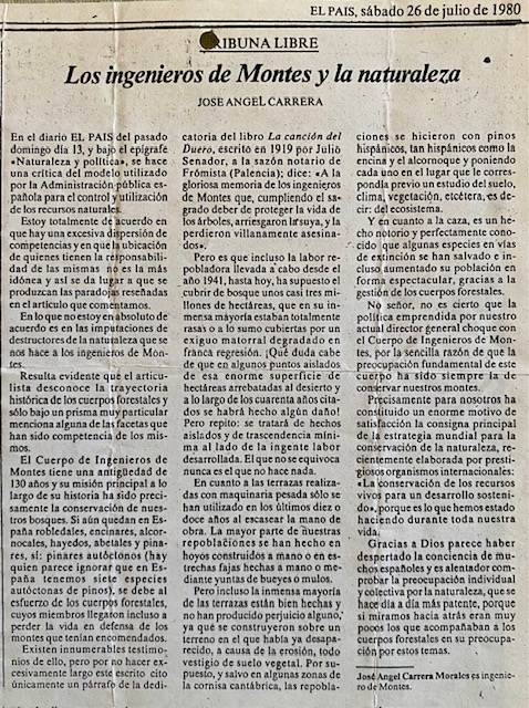 Tribuna libre del diario EL PAIS de 26/07/1980, 'Los ingenieros de Montes y la naturaleza' de J.A. Carrera Morales.