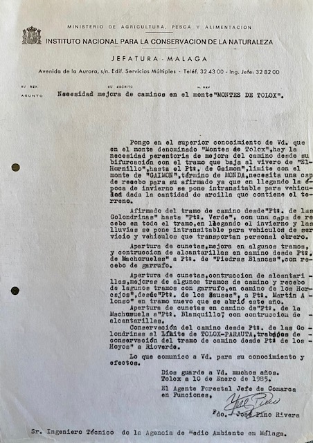 Informe de 10/01/1985, sobre necesidad de mejora de pistas forestales en el monte de Tolox (Málaga).