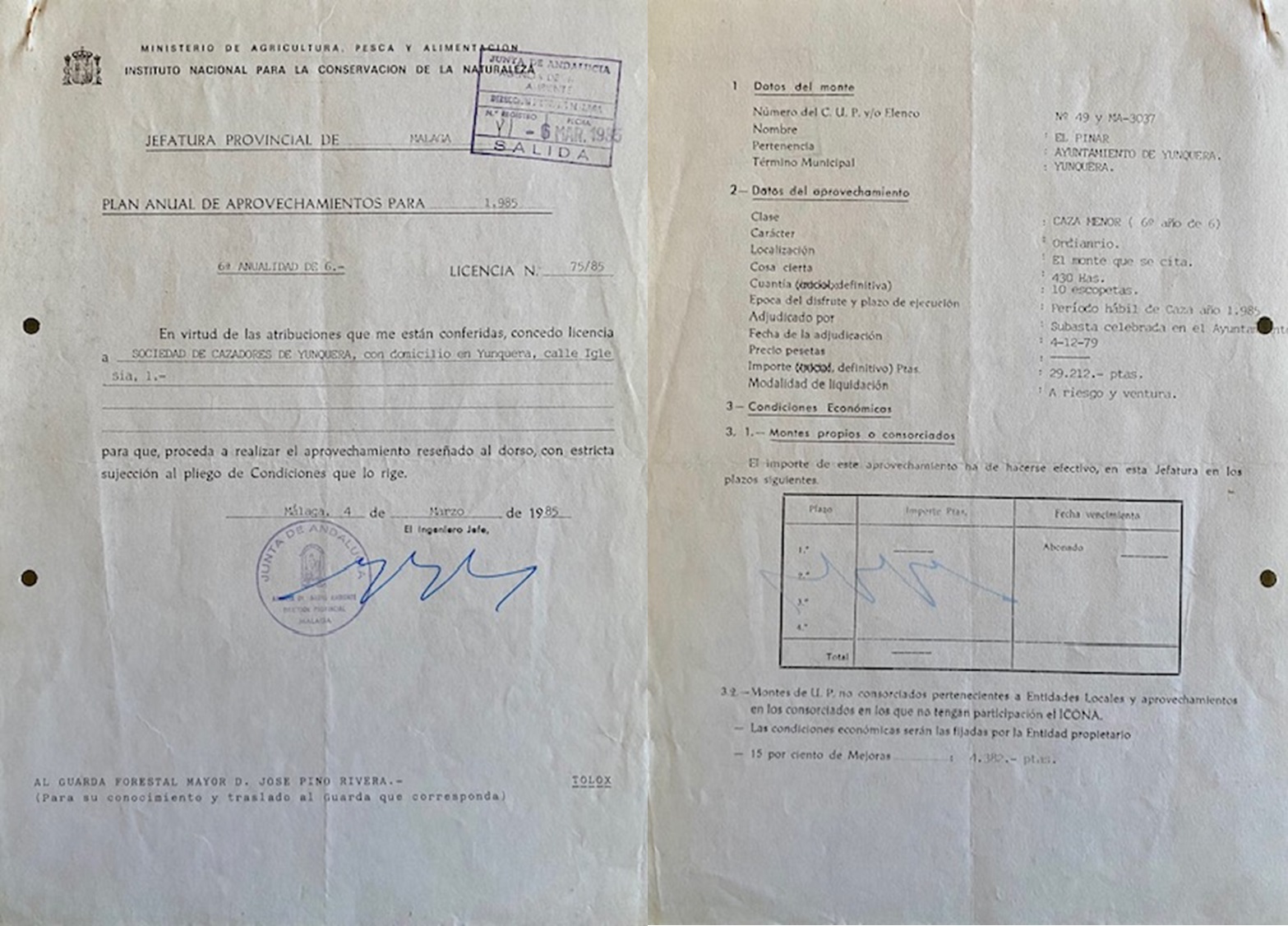 Licencia de aprovechamiento de caza menor en Sierra Blanquilla, monte de Yunquera (Málaga), año 1985.