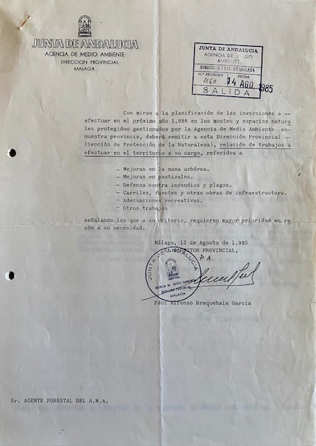 Oficio, nº 560 de 14/08/1985, del Director Provincial de la AMA en Málaga solicitando relación de trabajos para 1986.