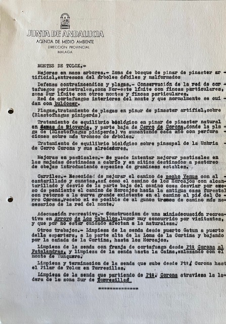 Propuesta de trabajos forestales en los montes de Tolox (Málaga) para 1986, adjunta al oficio de 24/08/1985.