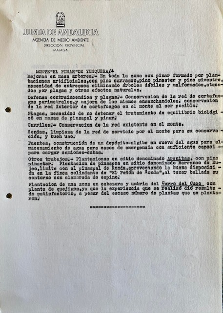 Propuesta de trabajos forestales en el monte de Yunquera (Málaga) para 1986, adjunta al oficio de 24/08/1985.
