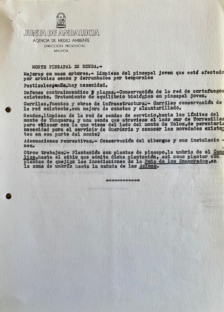 Propuesta de trabajos forestales en el monte Pinsapar de Ronda (Málaga) para 1986, adjunta al oficio de 24/08/1985.