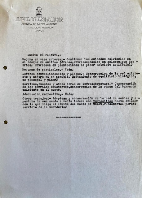 Propuesta de trabajos forestales en el monte de Parauta (Málaga) para 1986, adjunta al oficio de 24/08/1985.