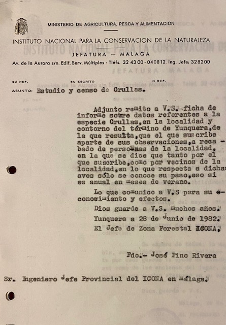 Oficio de 28/06/1982, informando sobre avistamientos de grullas en el T.M. de Yunquera (Málaga).
